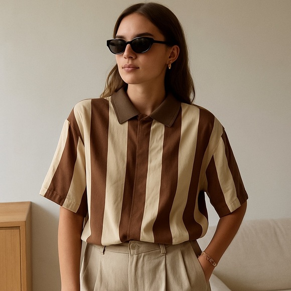 Vintage 90s Mod Silk Brown Stripe Shirt S - Picture 1 of 15